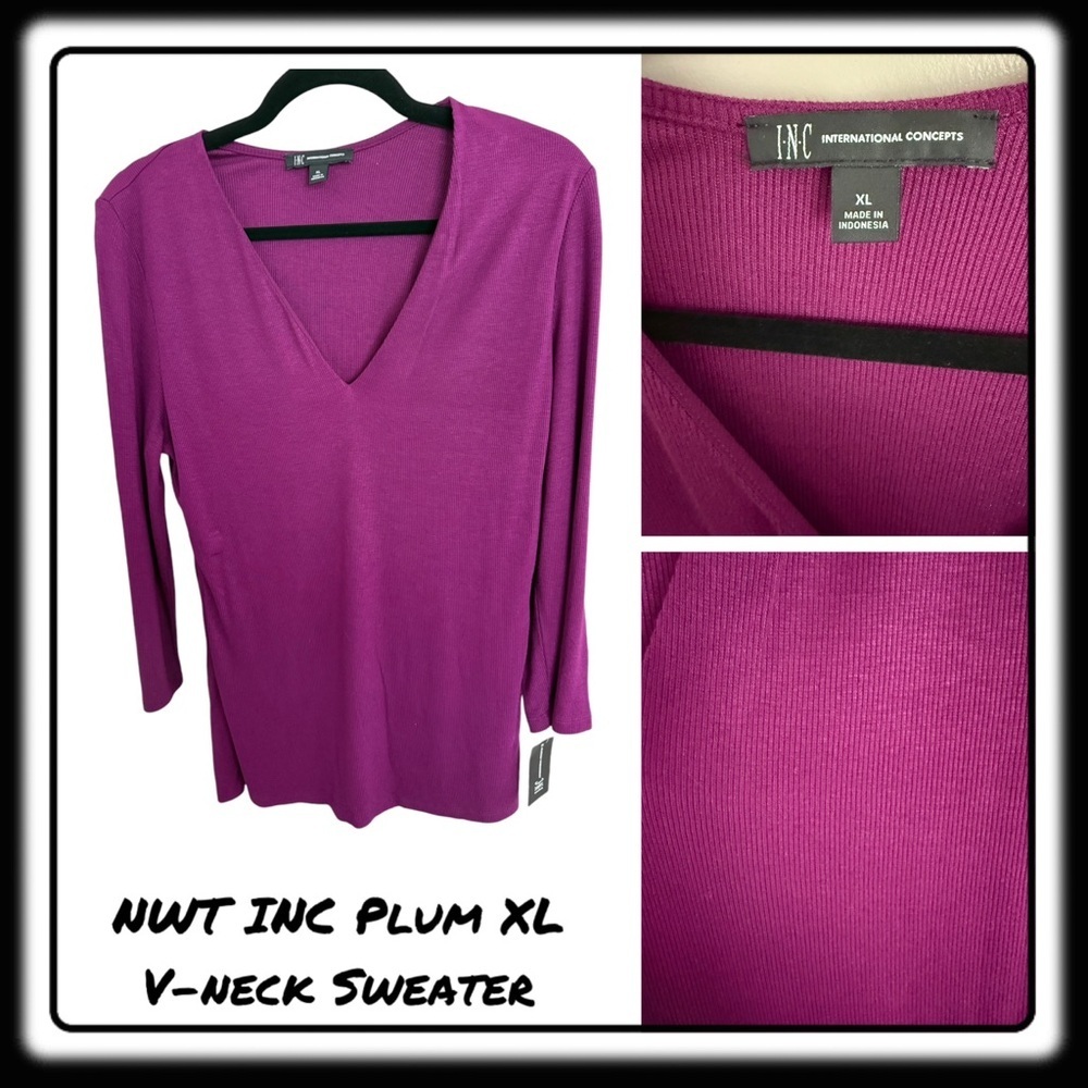 NWT INC Plum ribbed sweater/top 3/4 length sleeves